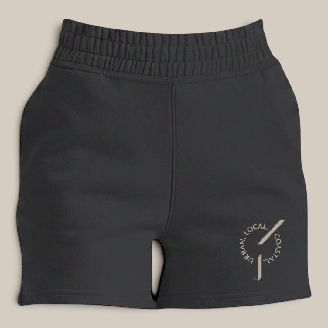 area 609 black Founders women's jogger shorts in midweight cotton-blend fleece with an elastic high waist and pockets