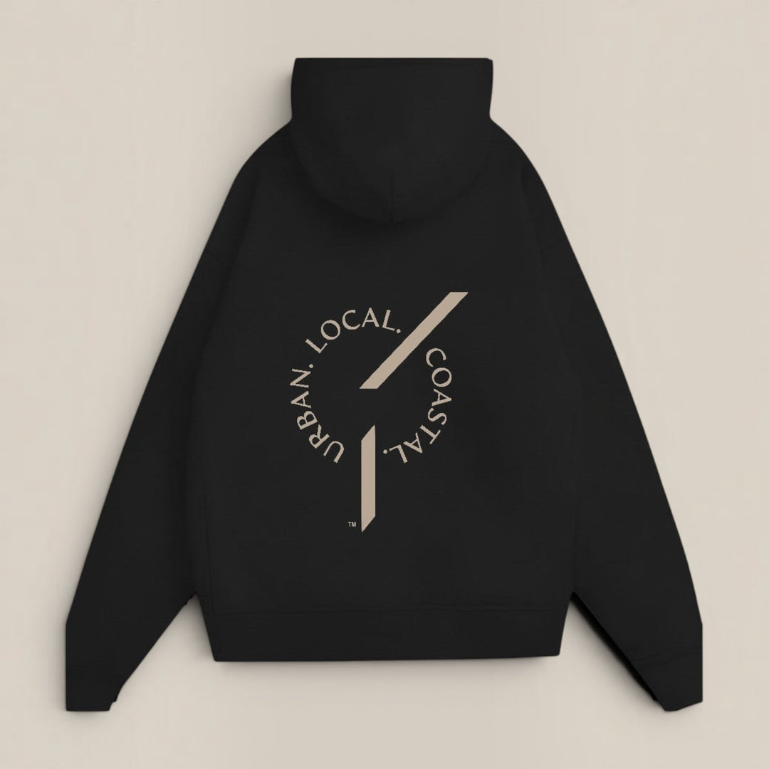 area 609 black heavyweight organic cotton hoodie with Urban Local Coastal graphic print on the back