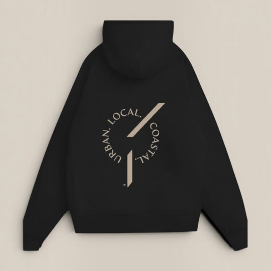 area 609 black heavyweight organic cotton hoodie with Urban Local Coastal graphic print on the back