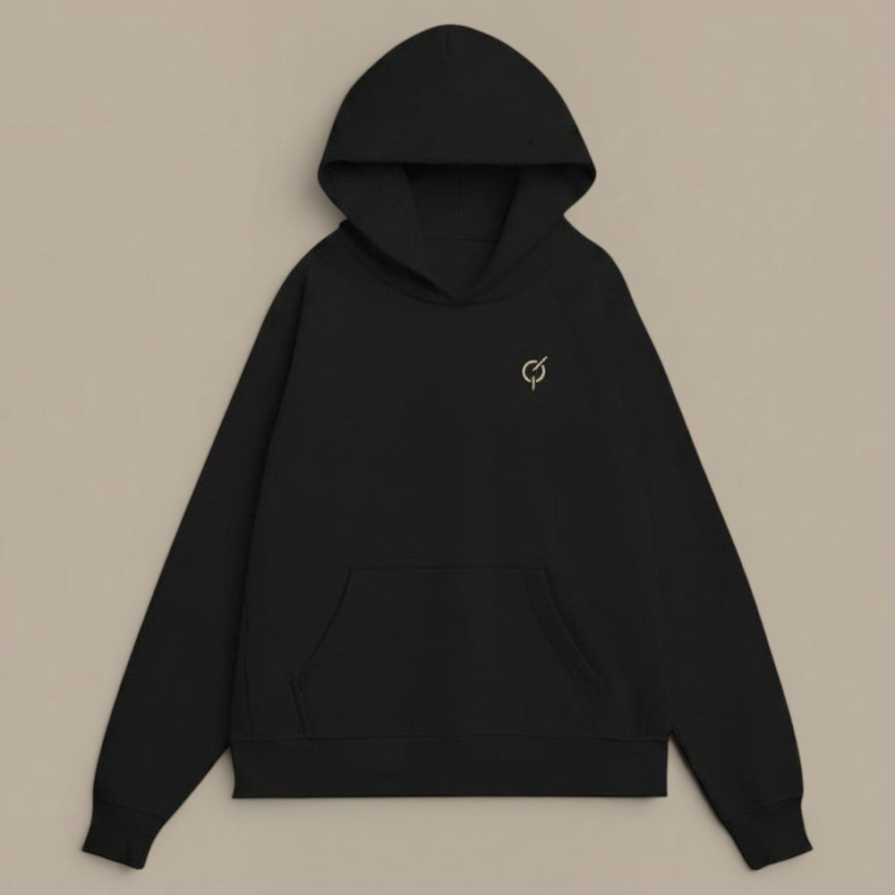 area 609 The Founders Hoodie in black heavyweight organic French terry cotton with a relaxed fit and cross-front hood.