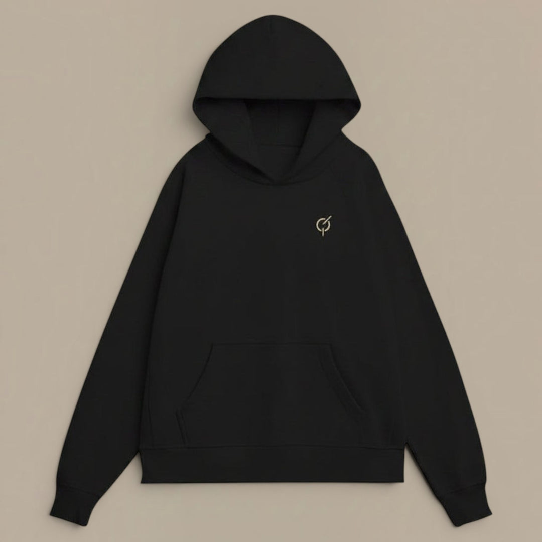 area 609 The Founders Hoodie in black heavyweight organic French terry cotton with a relaxed fit and cross-front hood.