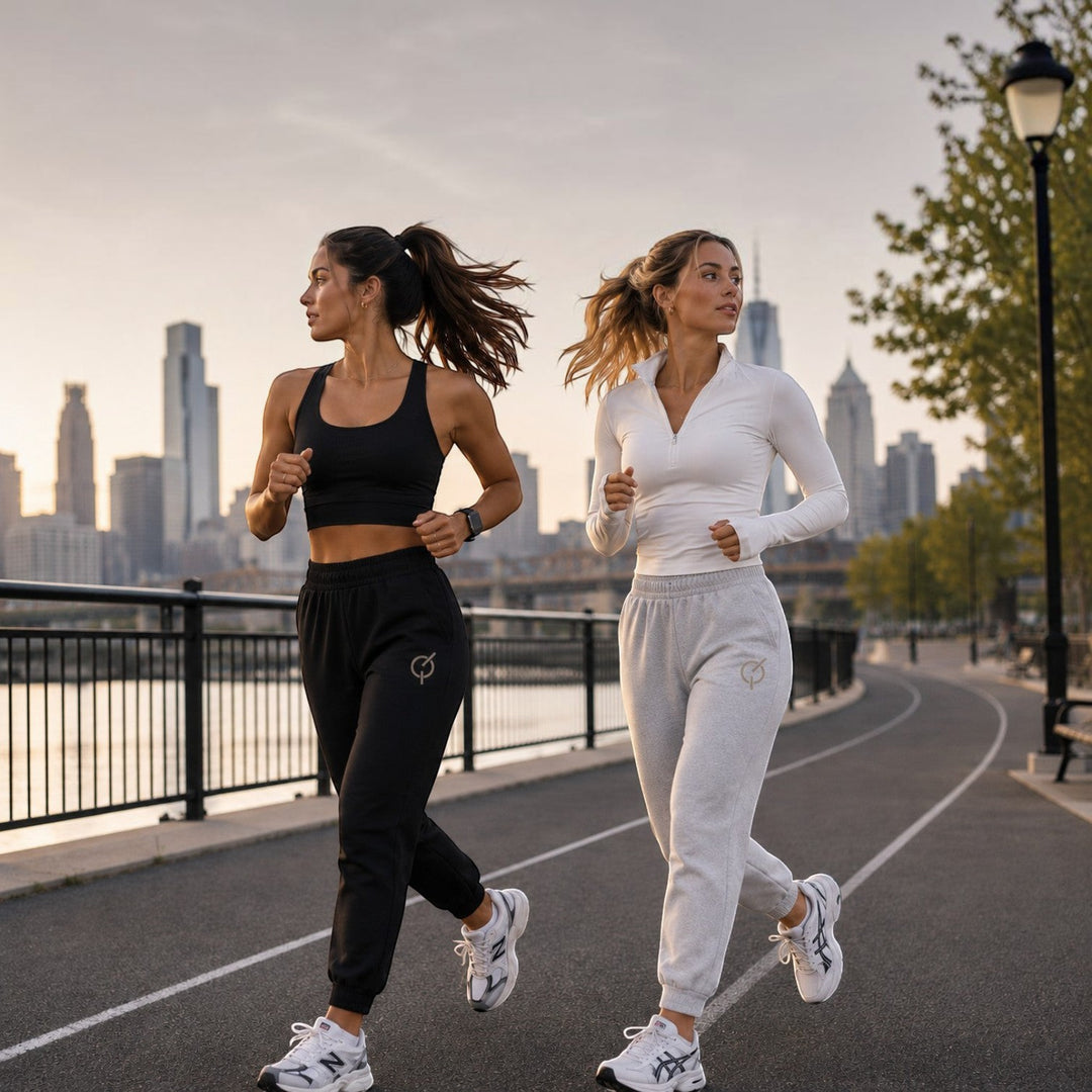 Two women jogging outdoors wearing area 609 Core track pants in black and athletic heather fleece with elastic cuffs.