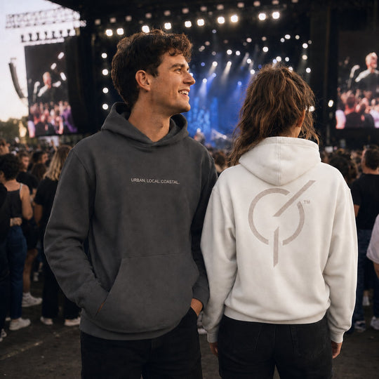 area 609 Core Hoodies in shadow and ecru cotton-blend fleece with relaxed fit and kangaroo pocket at a concert