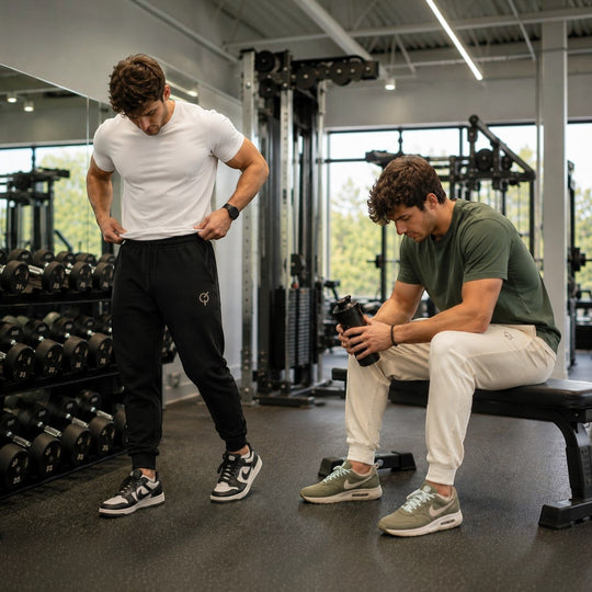 Two men wearing area 609 The Core Track Pants in black and bone heavyweight fleece with ribbed cuffs in a gym.