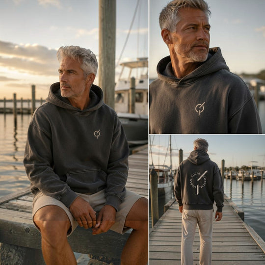 area 609 The Founders Hoodie in pigment black, a heavyweight fleece pullover with a boxy fit and drop shoulders.