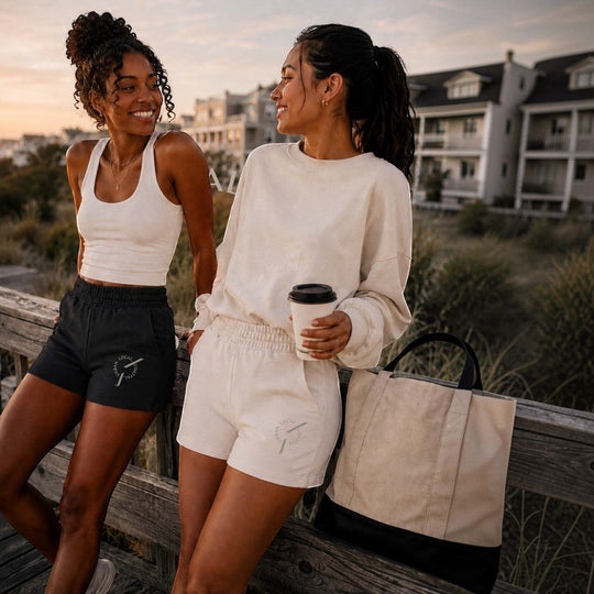 Two women wearing area 609 Founders jogger shorts in black and parchment, made from midweight cotton-blend fleece.