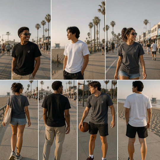 area 609 The Founders Tee in black, white, and slate SUPIMA cotton worn by models on a sunny beach boardwalk