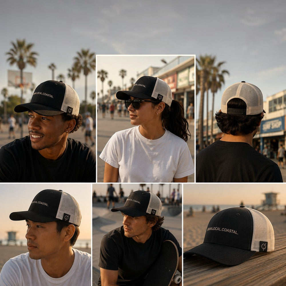 area 609 The Founders Trucker Hat in black cotton with ecru mesh back and raised puff embroidery at a beach skatepark