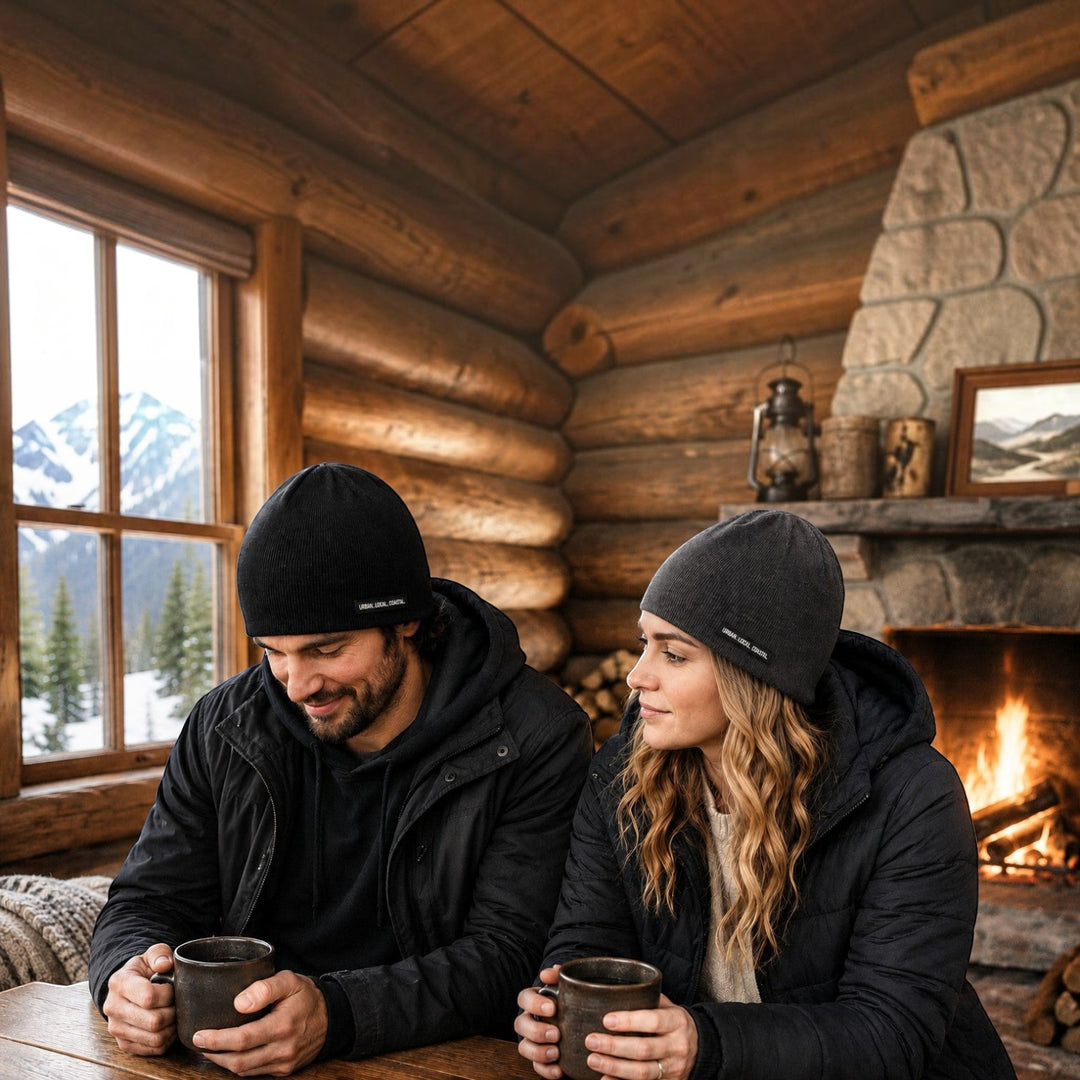 Man and woman wearing area 609 organic hemp-cotton ribbed beanies in black and charcoal inside a cozy log cabin.