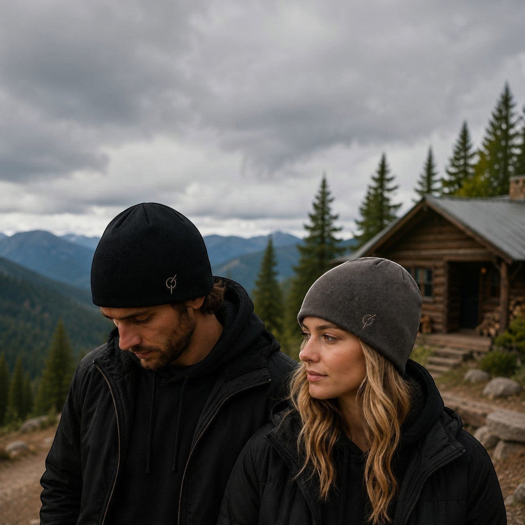 area 609 organic hemp-cotton ribbed beanies in black and charcoal worn by a couple in a mountain cabin setting