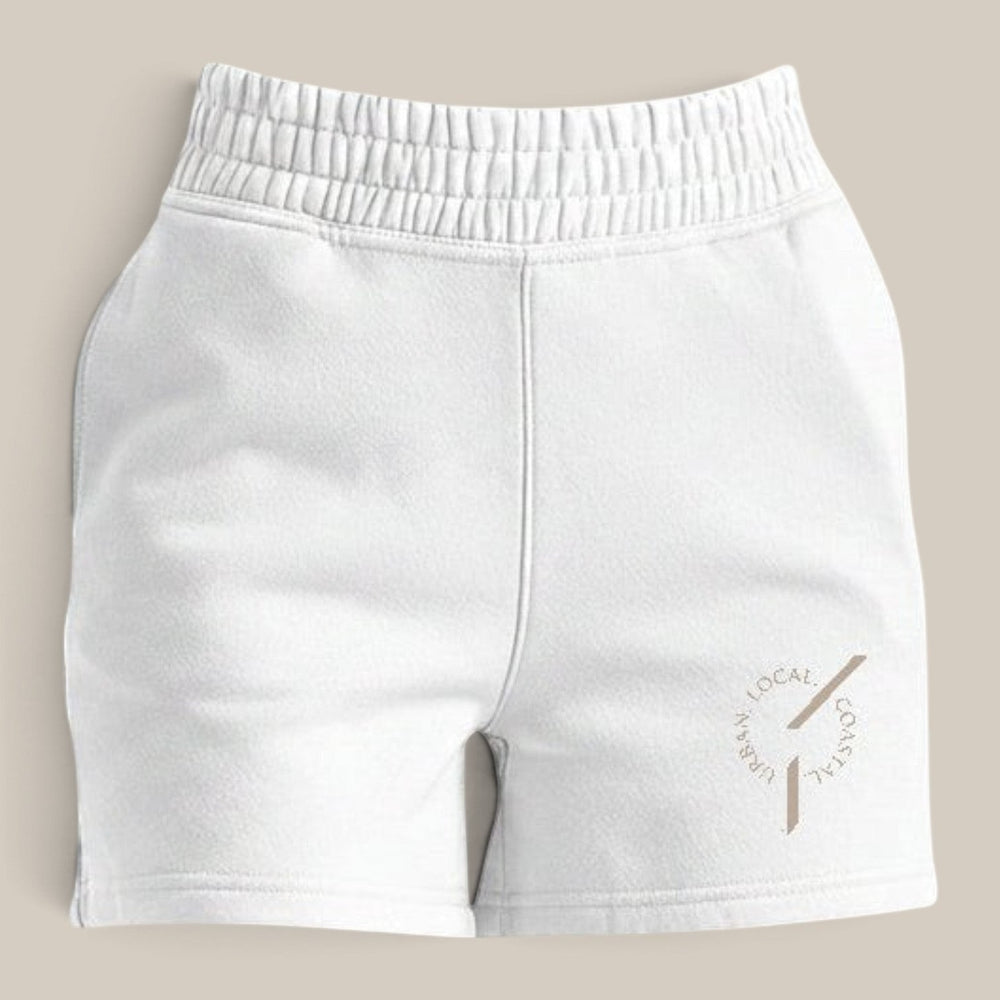 area 609 Founders women's parchment jogger shorts in midweight cotton-blend fleece with high elastic waistband.