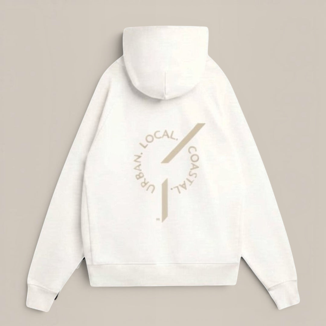 area 609 The Founders Hoodie in parchment organic cotton French terry with a back graphic and relaxed fit