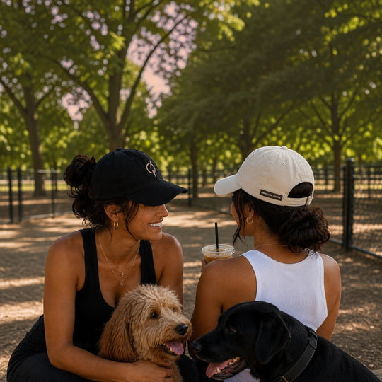 Two women wearing area 609 Core Relaxed caps in black and ecru while sitting with their dogs in a park.