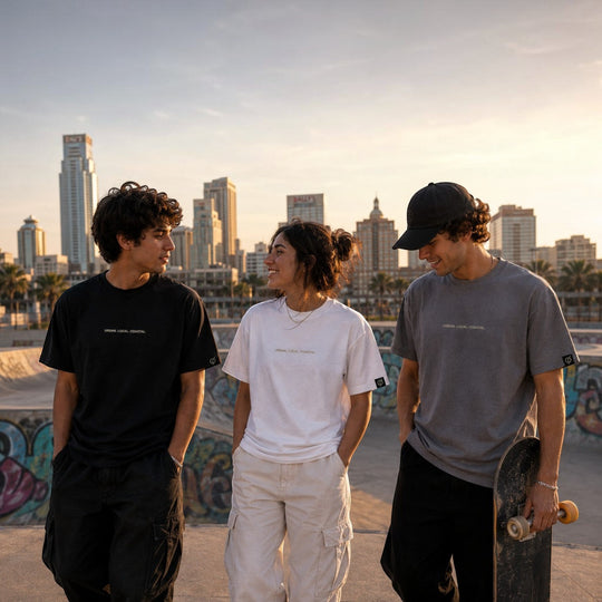 Three models wearing area 609 The Core Tee in black, white, and slate SUPIMA cotton at a skatepark during sunset.