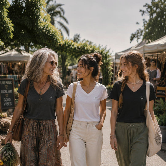 Three women walking outdoors wearing area 609 soft cotton V-neck tees in dark grey, white, and black.